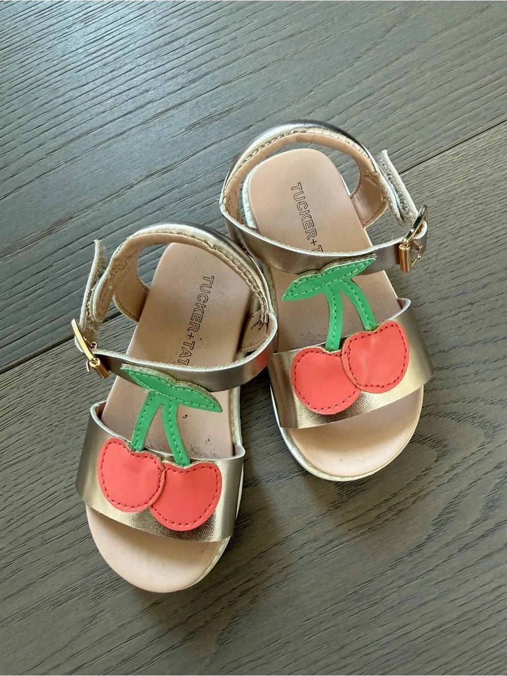 Tucker + Tate Gold Sandals with Pink Cherry Appliqués